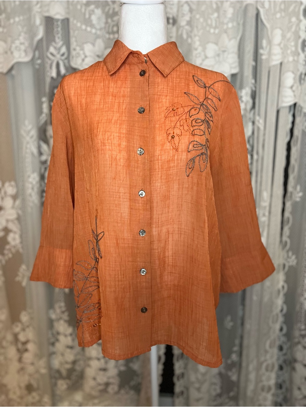 Alia Orange Embroidered Button-Down Shirt